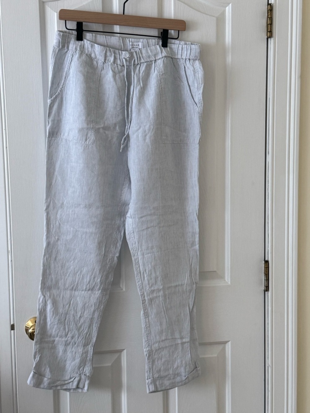 Kenar Striped Light Blue and White Linen Drawstring Pants